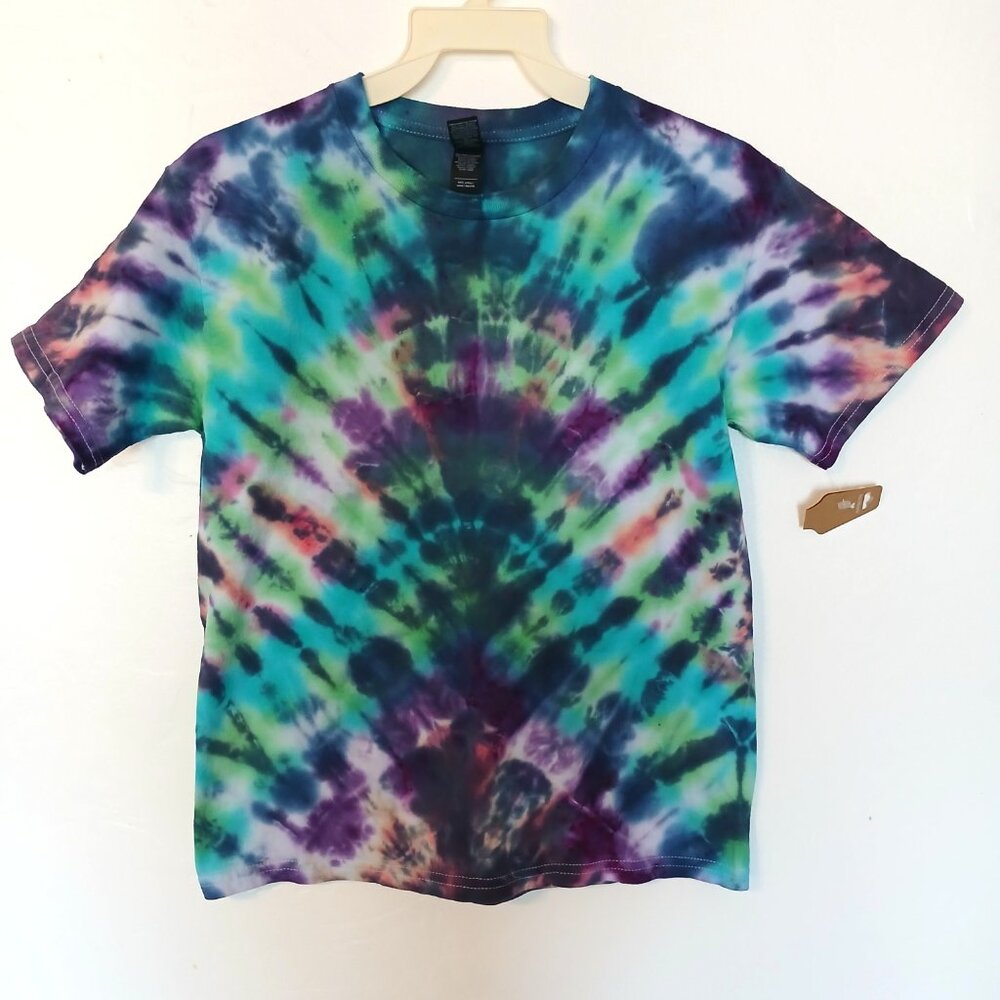 Handmade Abstract Tie Dye T-Shirt Green Purple Black Blue Pink Kids Size Medium - Picture 16 of 16